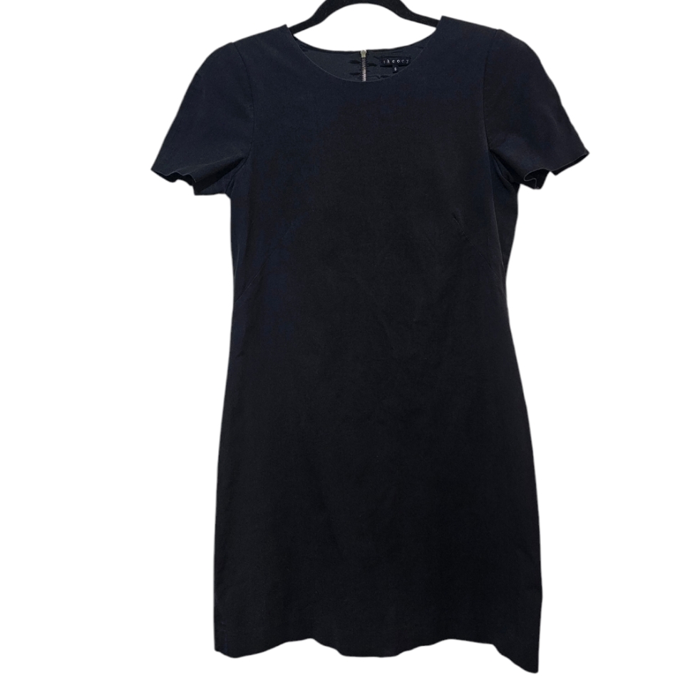 Theory Silk Blend Mini Dress - Size 6 - Navy Blue Short Sleeve Shift Office Work